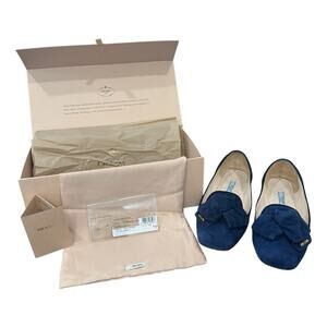 Prada Navy Suede Bow Flats Size 38 EU 8 US Quilted Leather Interior Box Dust Bag